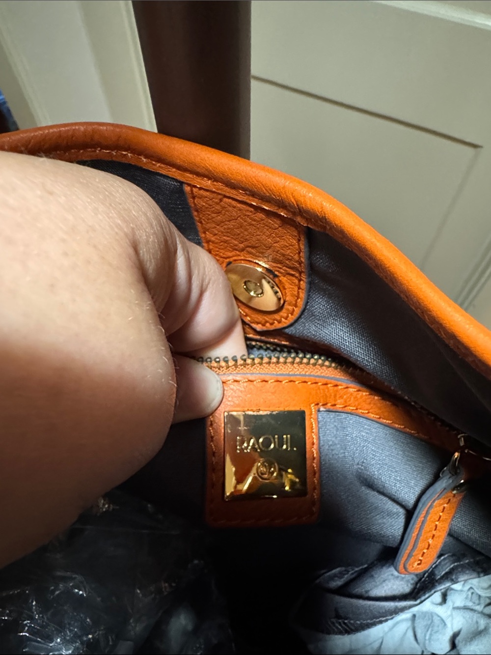 Burnt Orange Leather Shoulder Bag with Embossed Round Logo - Picture 9 of 12